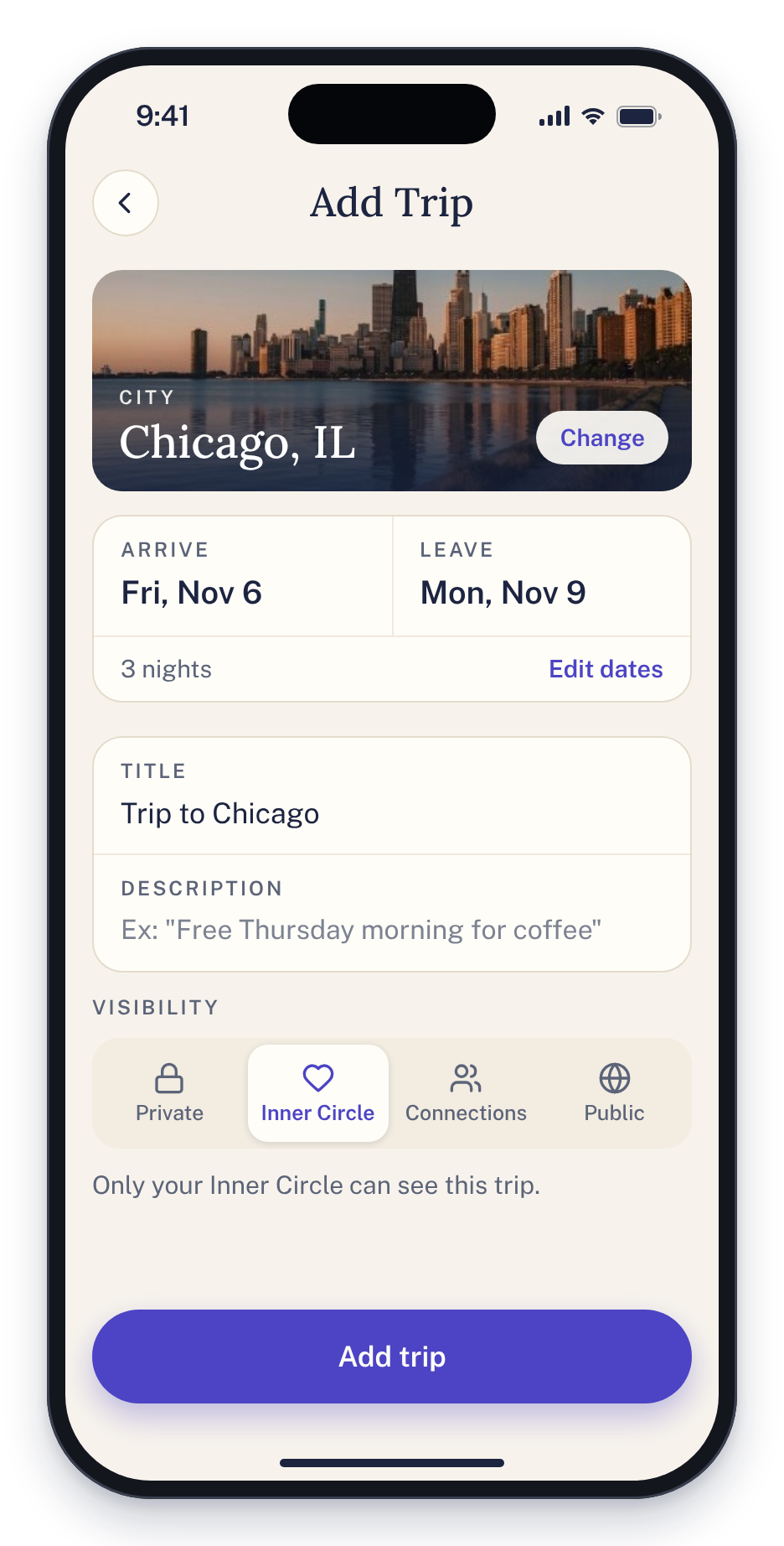 Adding a trip to Chicago, Nov 6–9, and choosing who sees it