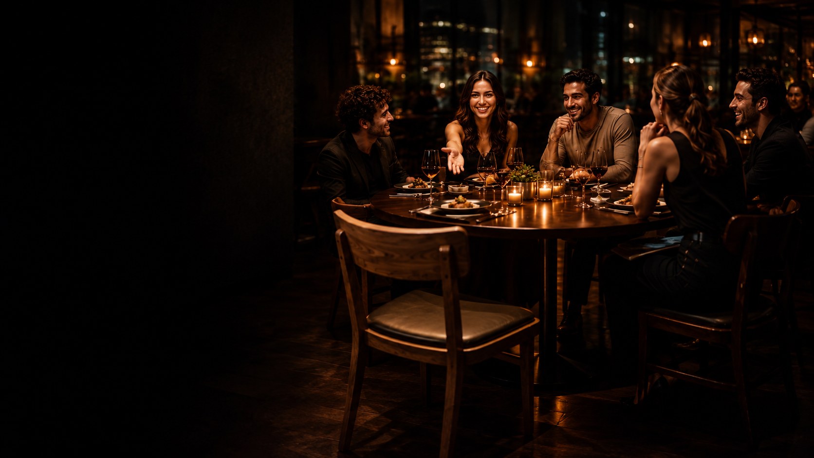 Friends laughing together around a candlelit table with an open chair in the foreground