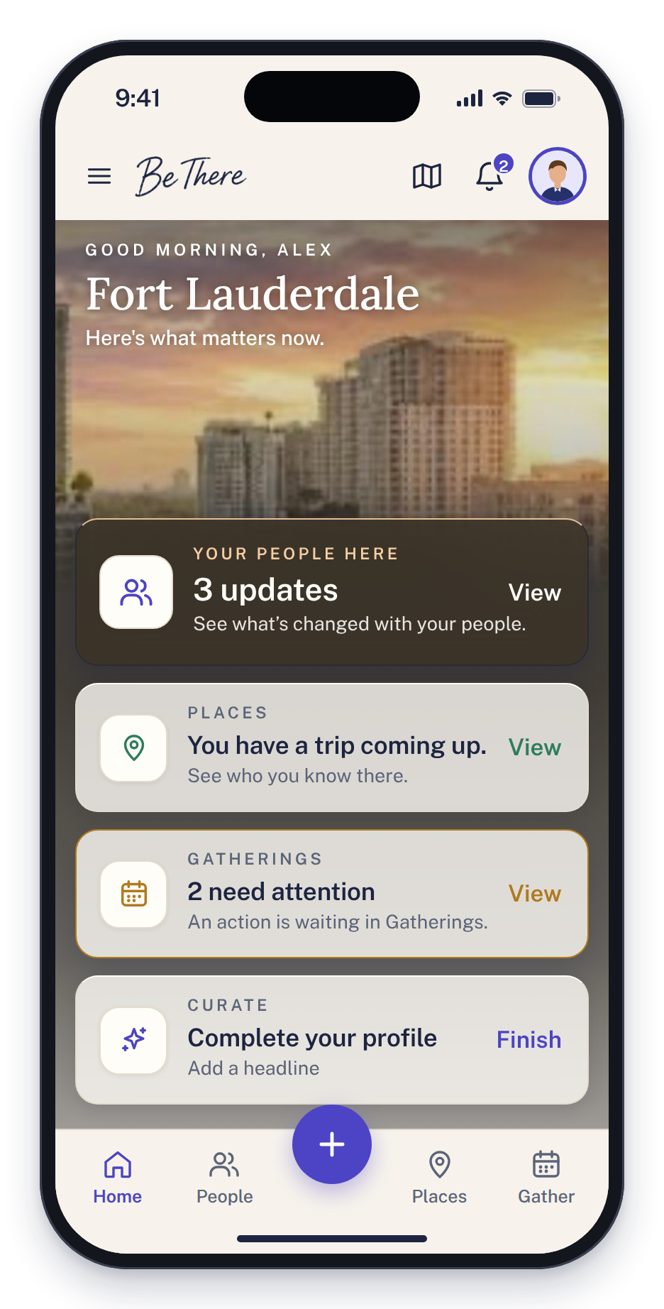 The BeThere Home screen