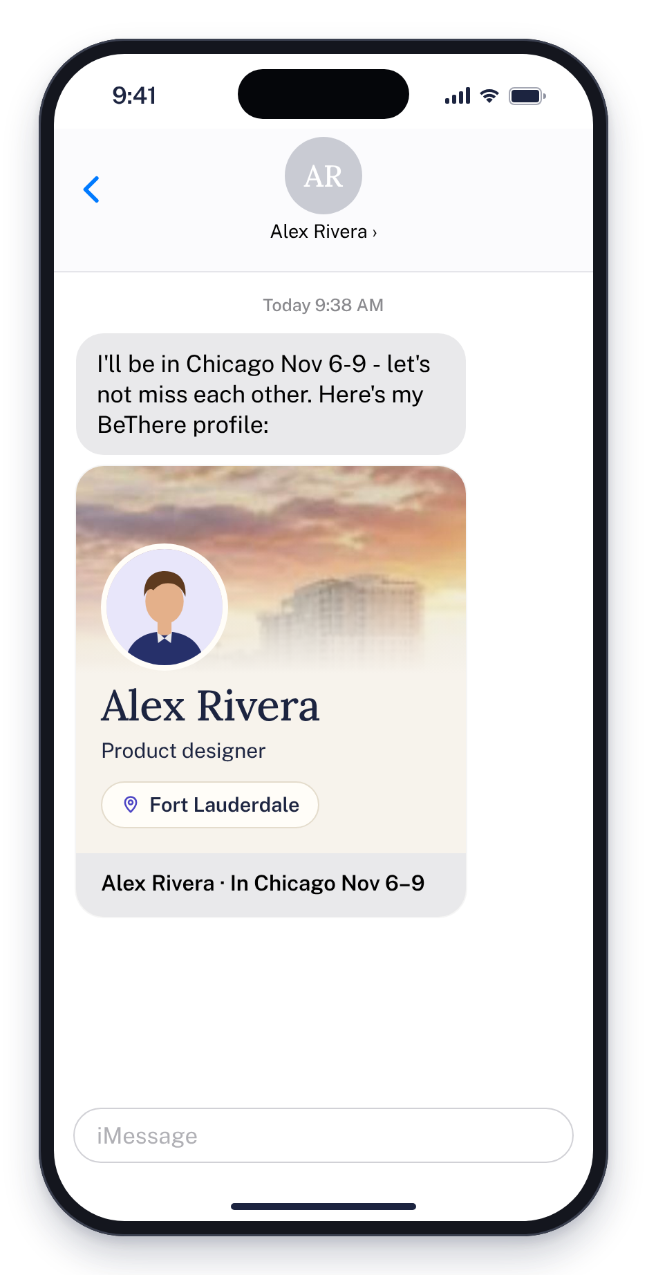 Alex texts their BeThere profile link to Sam